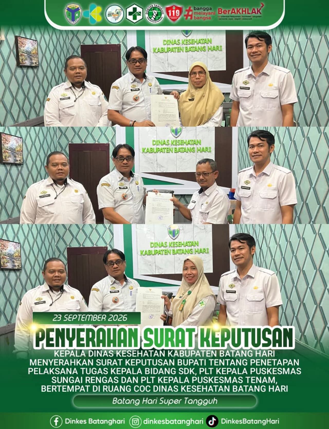 Perkuat Layanan Kesehatan, Dinas Kesehatan Batang Hari Resmi Serahkan SK Penetapan Tiga Pejabat Baru