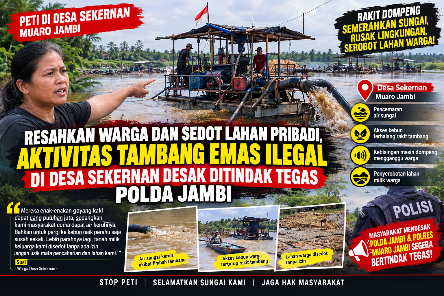 Resahkan Warga dan Sedot Lahan Pribadi, Aktivitas Tambang Emas Ilegal di Desa Sekernan Desak Ditindak Tegas Polda Jambi