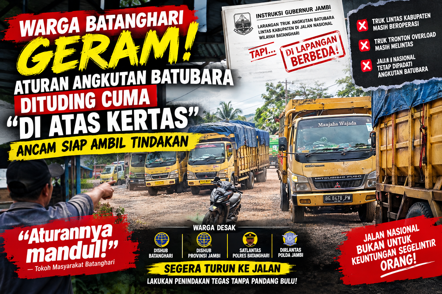 WARGA BATANGHARI GERAM: ATURAN ANGKUTAN BATUBARA DITUDING CUMA “DI ATAS KERTAS”, ANCAM SIAP AMBIL TINDAKAN